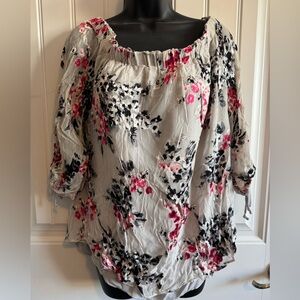 White House Black Market Pink and Black Floral Off-Shoulder Blouse